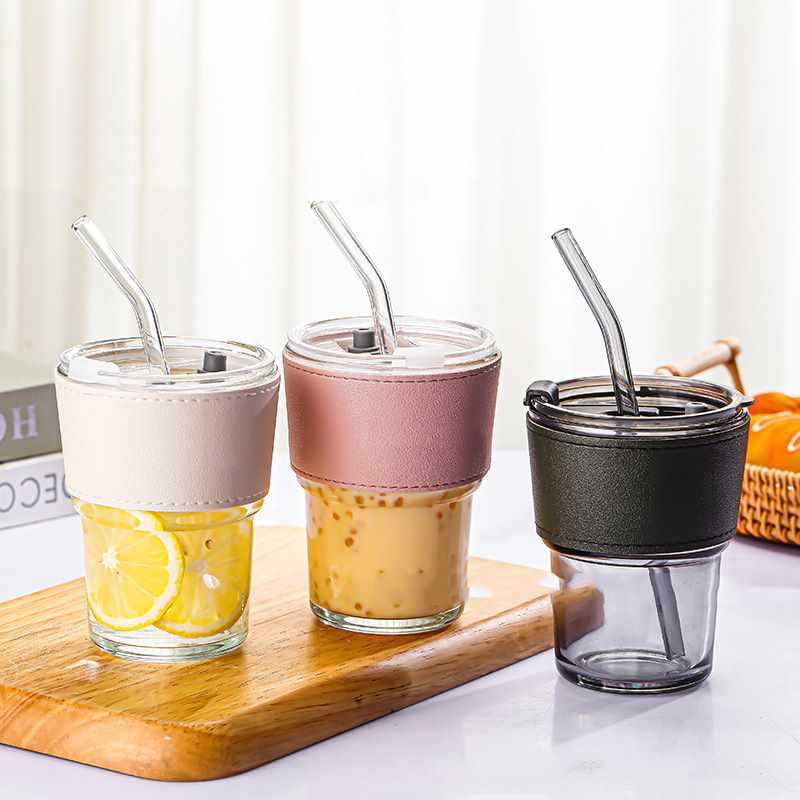 Glass Coffee Cup with Sleeve and Straw