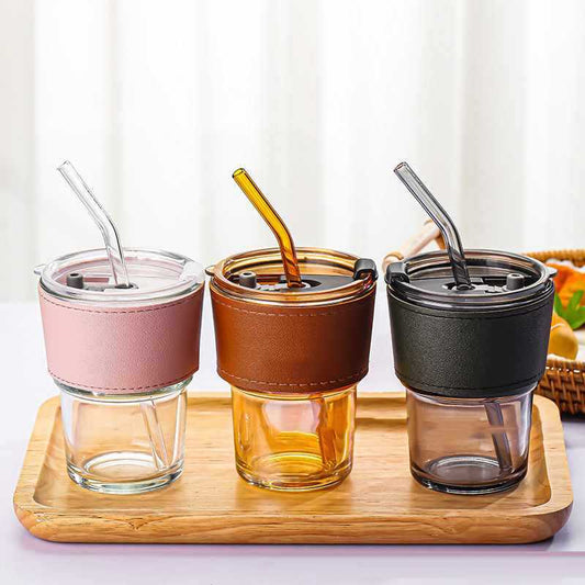 Glass Coffee Cup with Sleeve and Straw