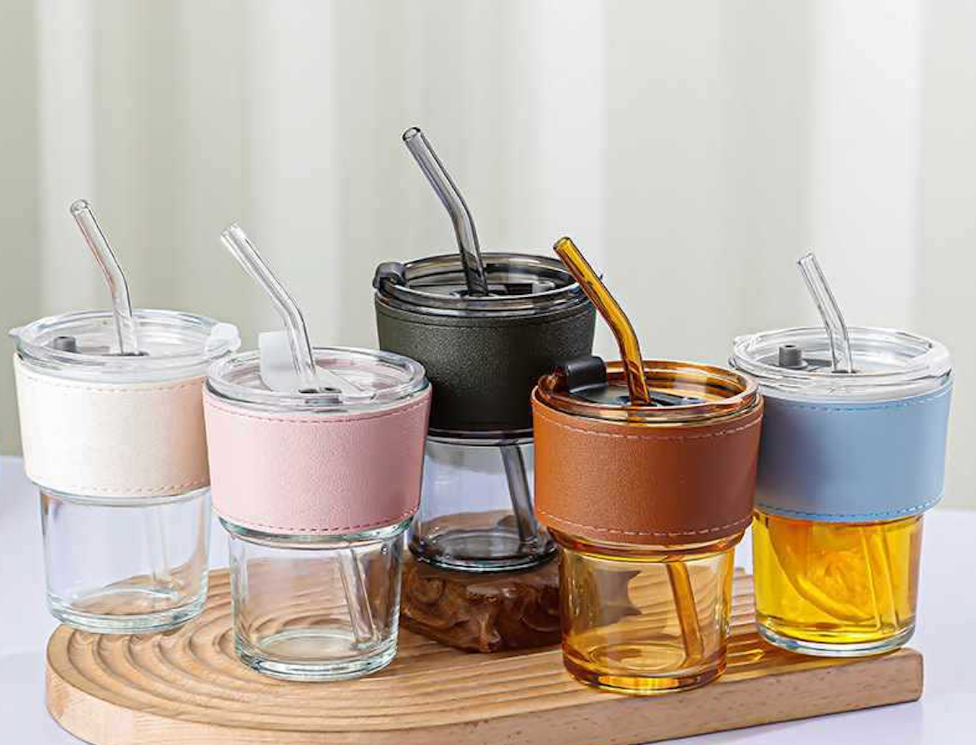 Glass Coffee Cup with Sleeve and Straw